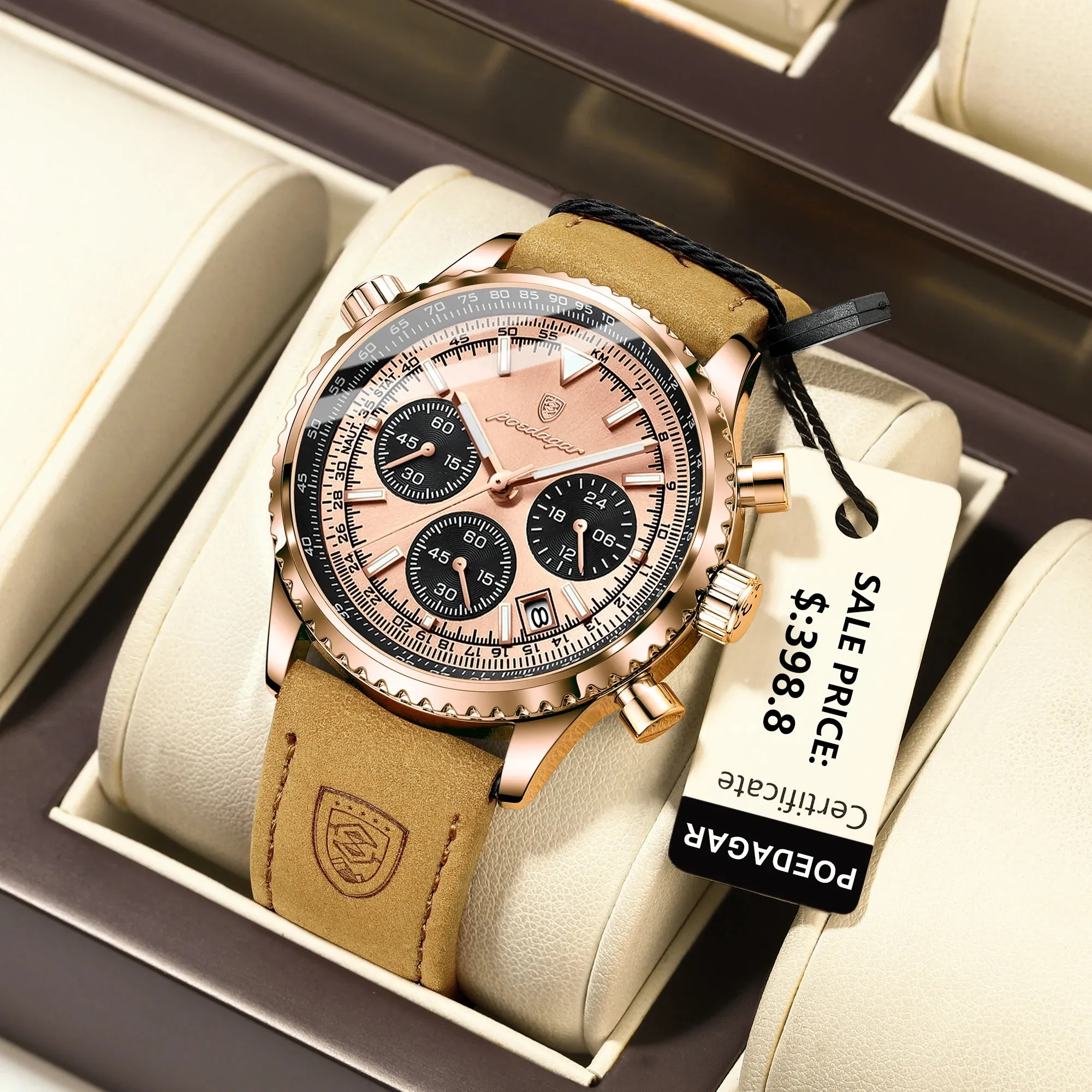 Men's Quartz Chronograph Watch - Waterproof Luminous Military Sports Wristwatch with Leather Strap
