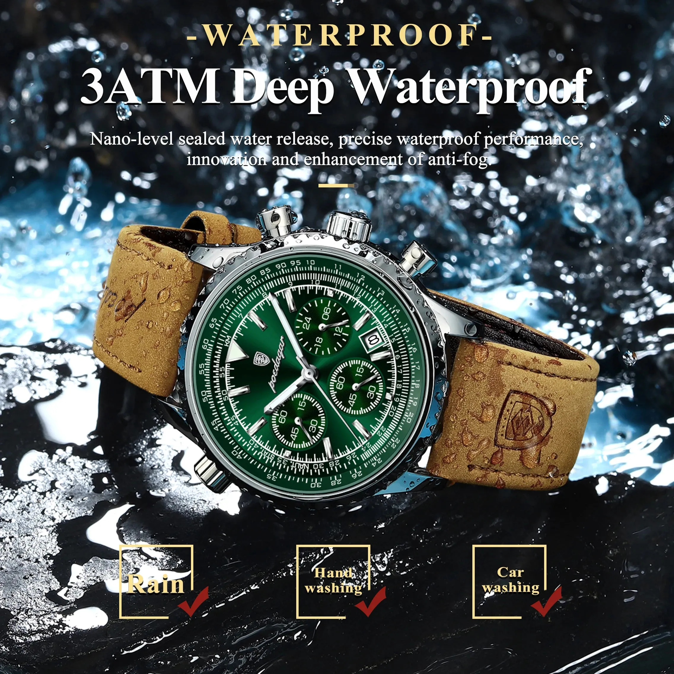 Men's Quartz Chronograph Watch - Waterproof Luminous Military Sports Wristwatch with Leather Strap