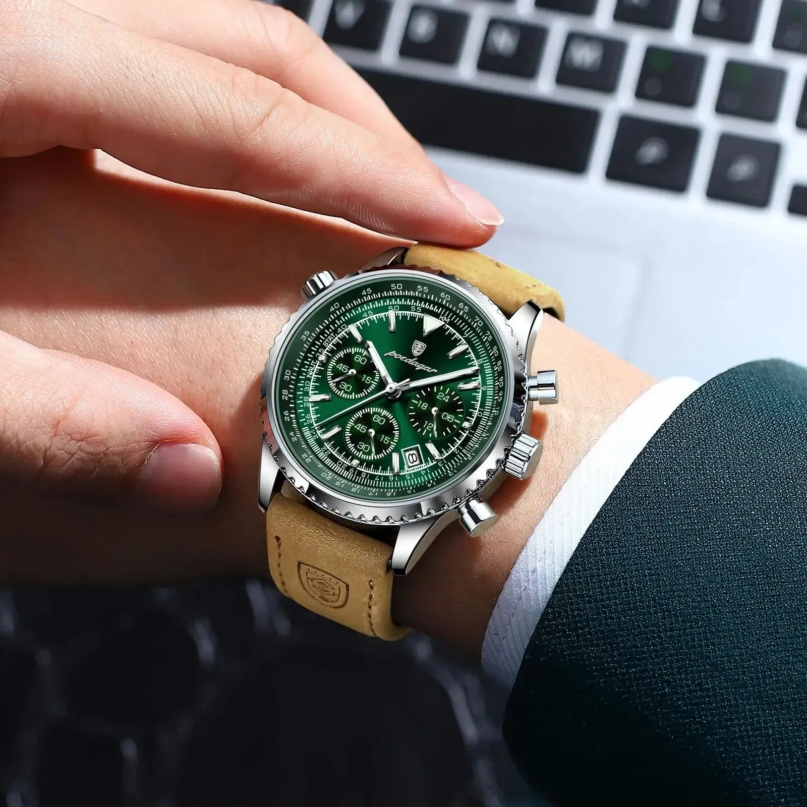 Men's Quartz Chronograph Watch - Waterproof Luminous Military Sports Wristwatch with Leather Strap