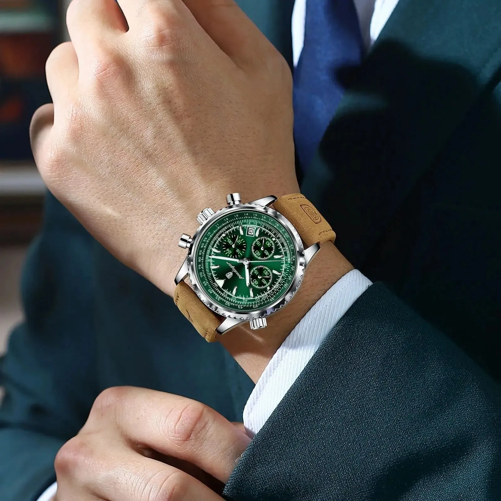 Men's Quartz Chronograph Watch - Waterproof Luminous Military Sports Wristwatch with Leather Strap