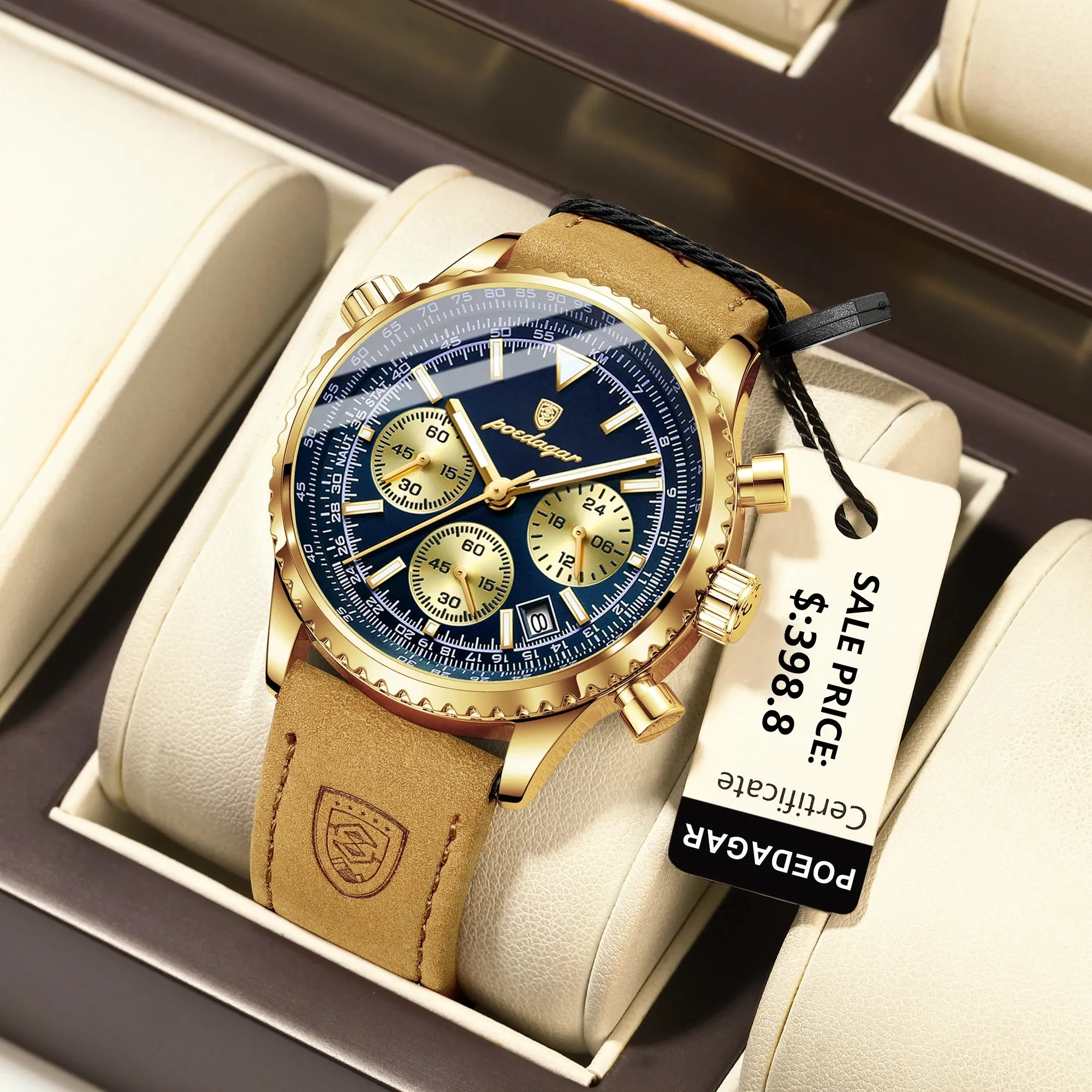 Men's Quartz Chronograph Watch - Waterproof Luminous Military Sports Wristwatch with Leather Strap