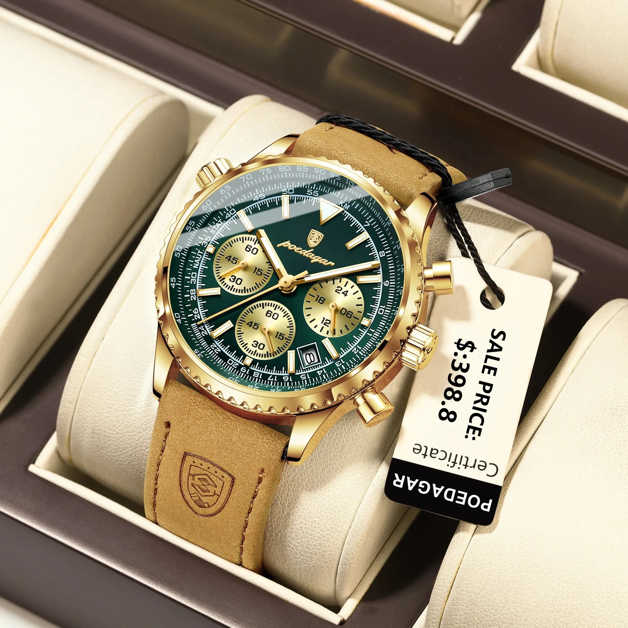Men's Quartz Chronograph Watch - Waterproof Luminous Military Sports Wristwatch with Leather Strap