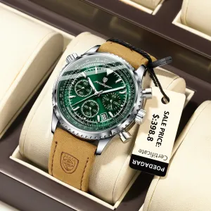 Men's Quartz Chronograph Watch - Waterproof Luminous Military Sports Wristwatch with Leather Strap