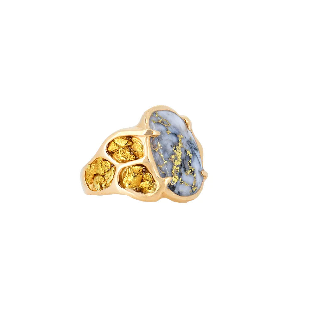 Men's Ring with Natural Gold Quartz & Nuggets in Oval Shape - 14K Yellow Gold