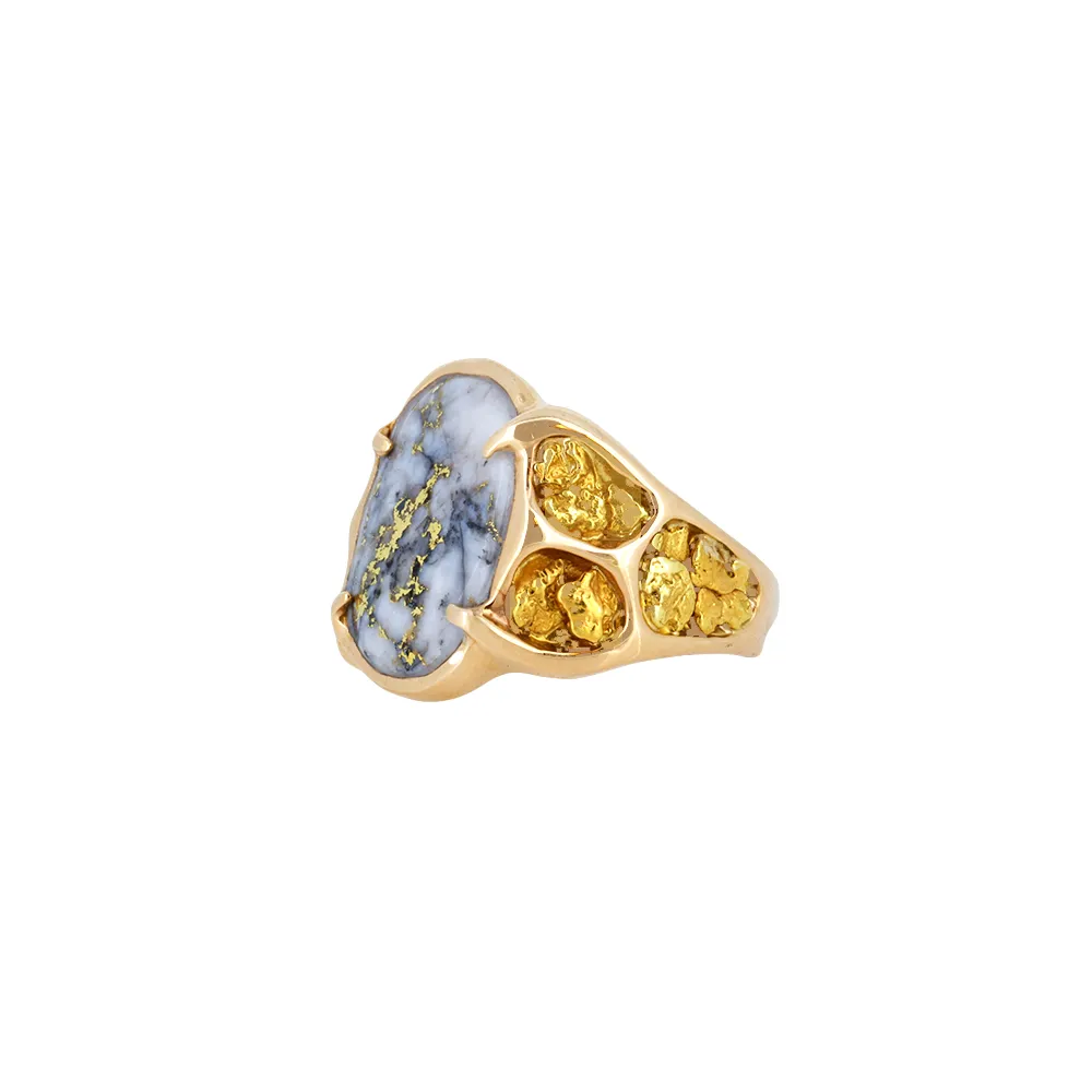 Men's Ring with Natural Gold Quartz & Nuggets in Oval Shape - 14K Yellow Gold