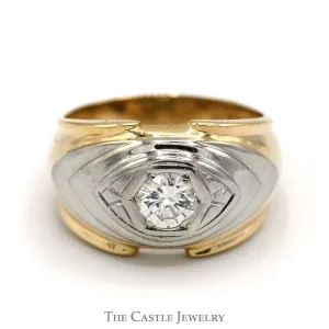 Men's Round Diamond Solitaire Band with Grooved Design in 14k Two Tone Gold