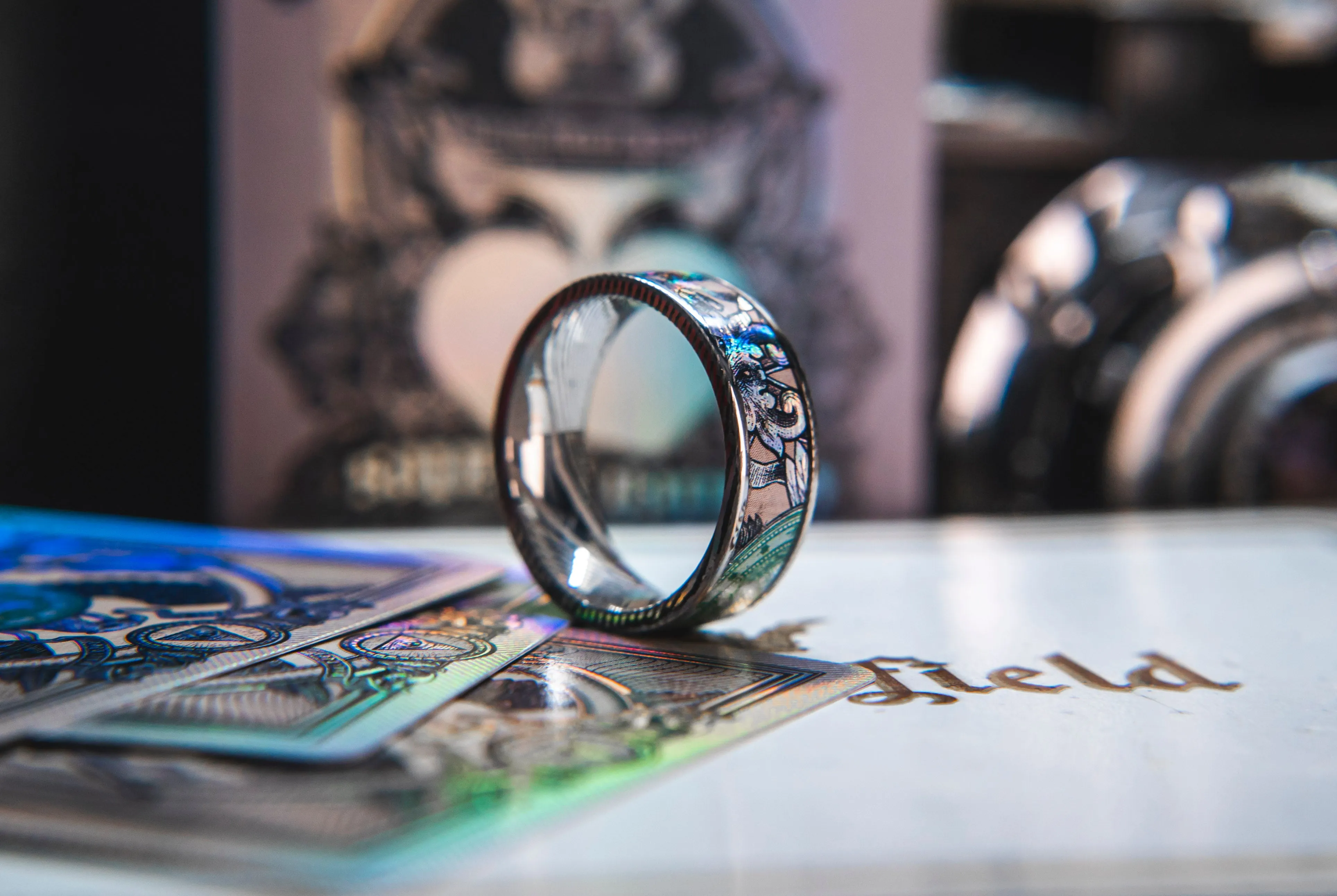 Mens Wedding band in Damascus Steel and Legal Tender Feat. KingsWildProject luxury playing cards.