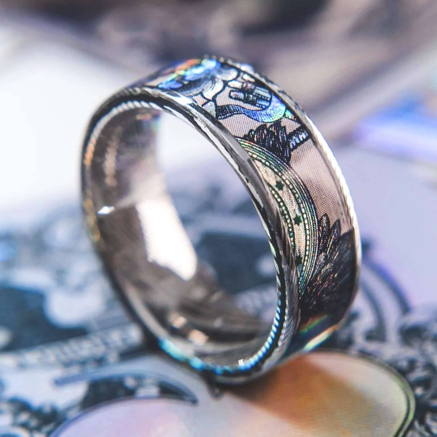 Mens Wedding band in Damascus Steel and Legal Tender Feat. KingsWildProject luxury playing cards.