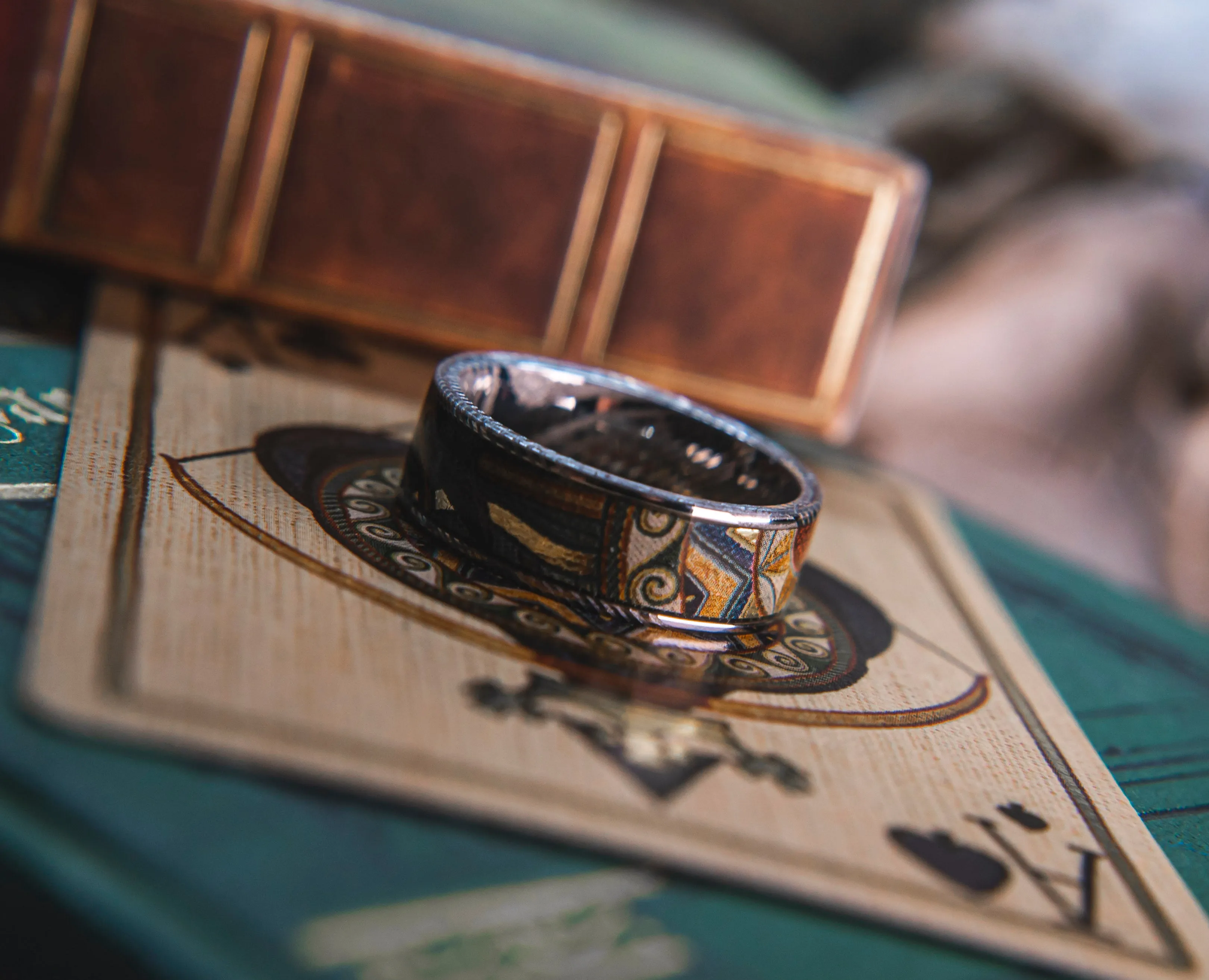 Mens Wedding band in Damascus Steel and Robin Hood Card Deck by KingsWildProject luxury playing cards.