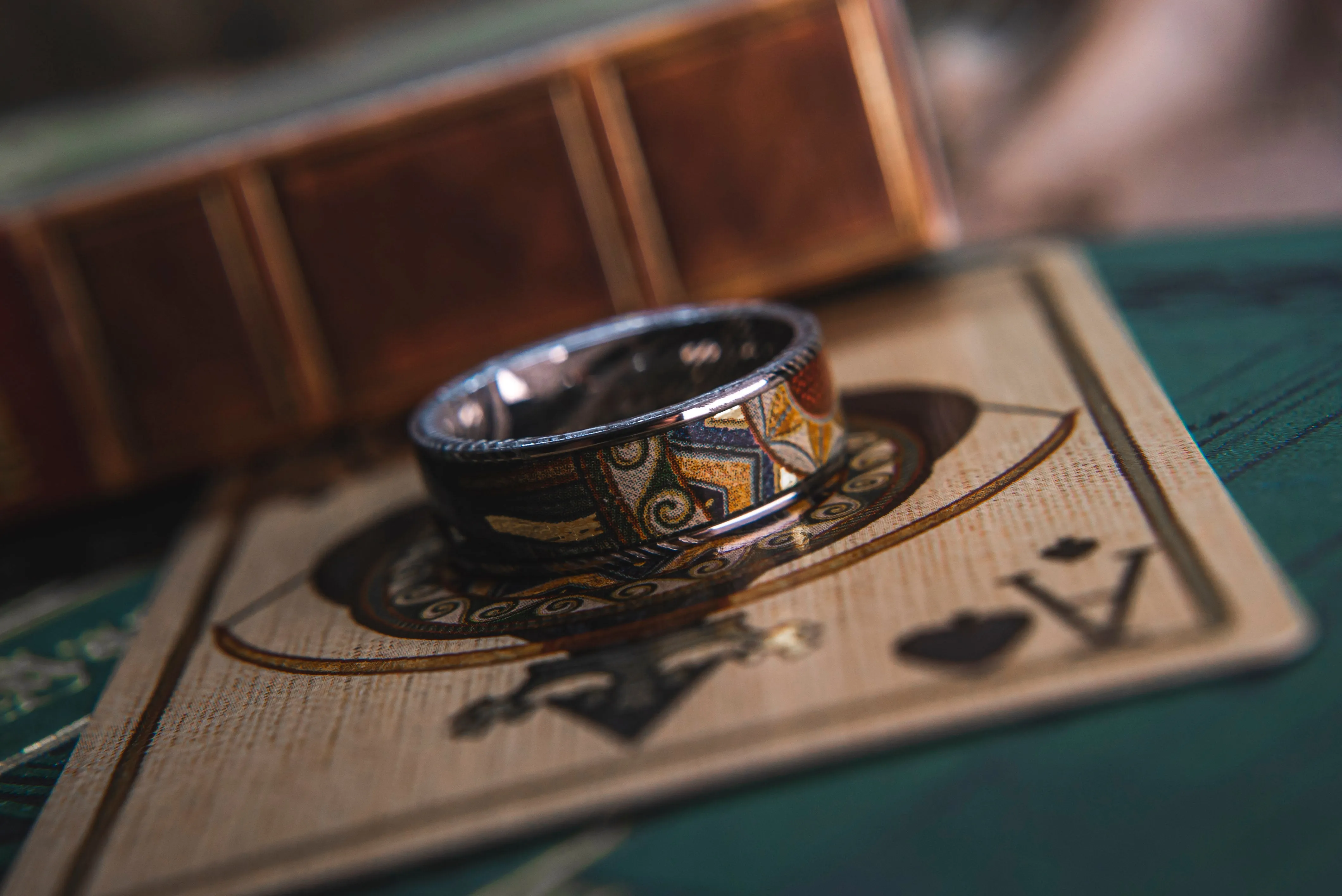 Mens Wedding band in Damascus Steel and Robin Hood Card Deck by KingsWildProject luxury playing cards.