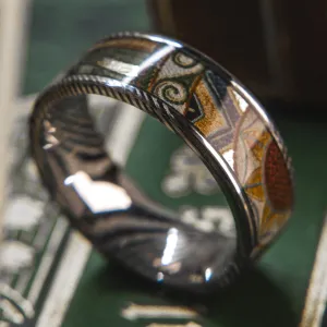 Mens Wedding band in Damascus Steel and Robin Hood Card Deck by KingsWildProject luxury playing cards.