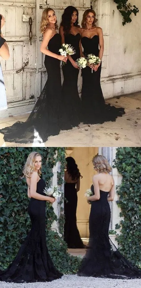 Mermaid Style Sweetheart Sweep Train Black Long Bridesmaid Dresses with Lace OK449