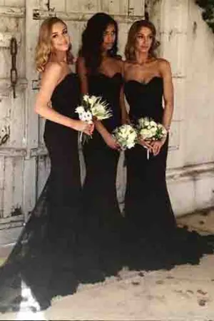 Mermaid Style Sweetheart Sweep Train Black Long Bridesmaid Dresses with Lace OK449