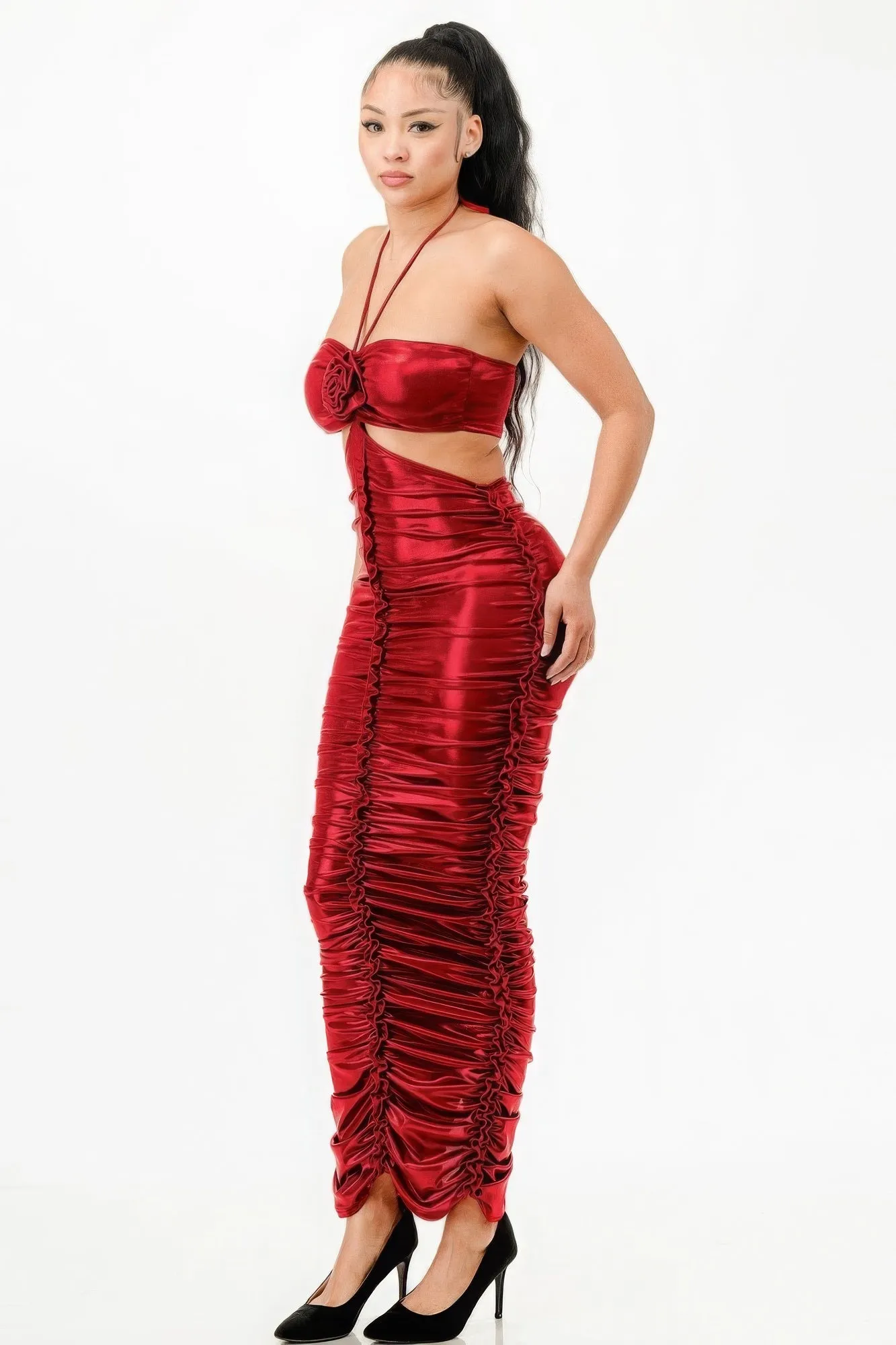 Metallic Ruched Halter Dress