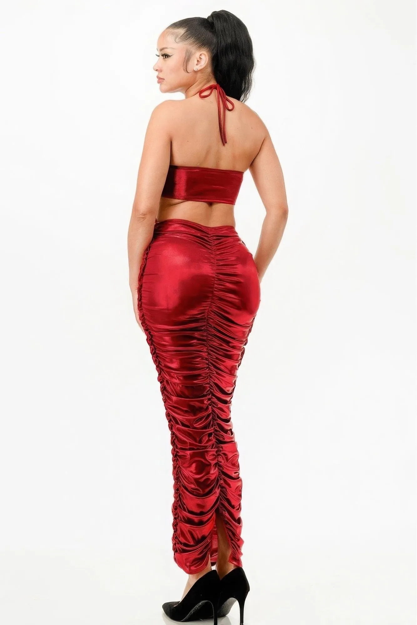 Metallic Ruched Halter Dress