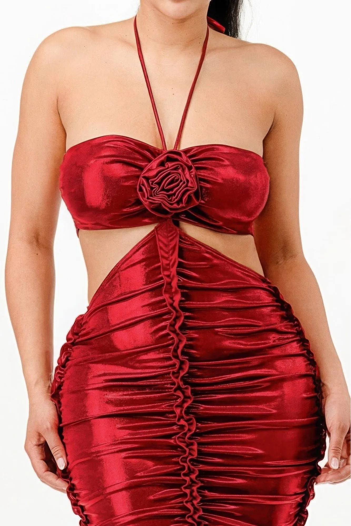 Metallic Ruched Halter Dress