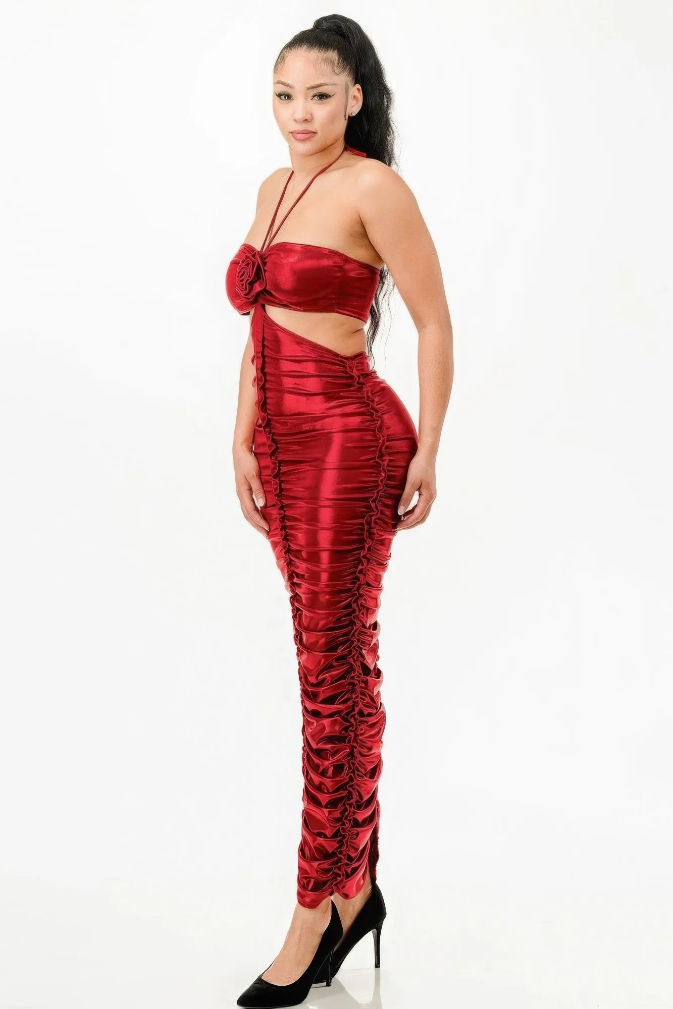 Metallic Ruched Halter Dress