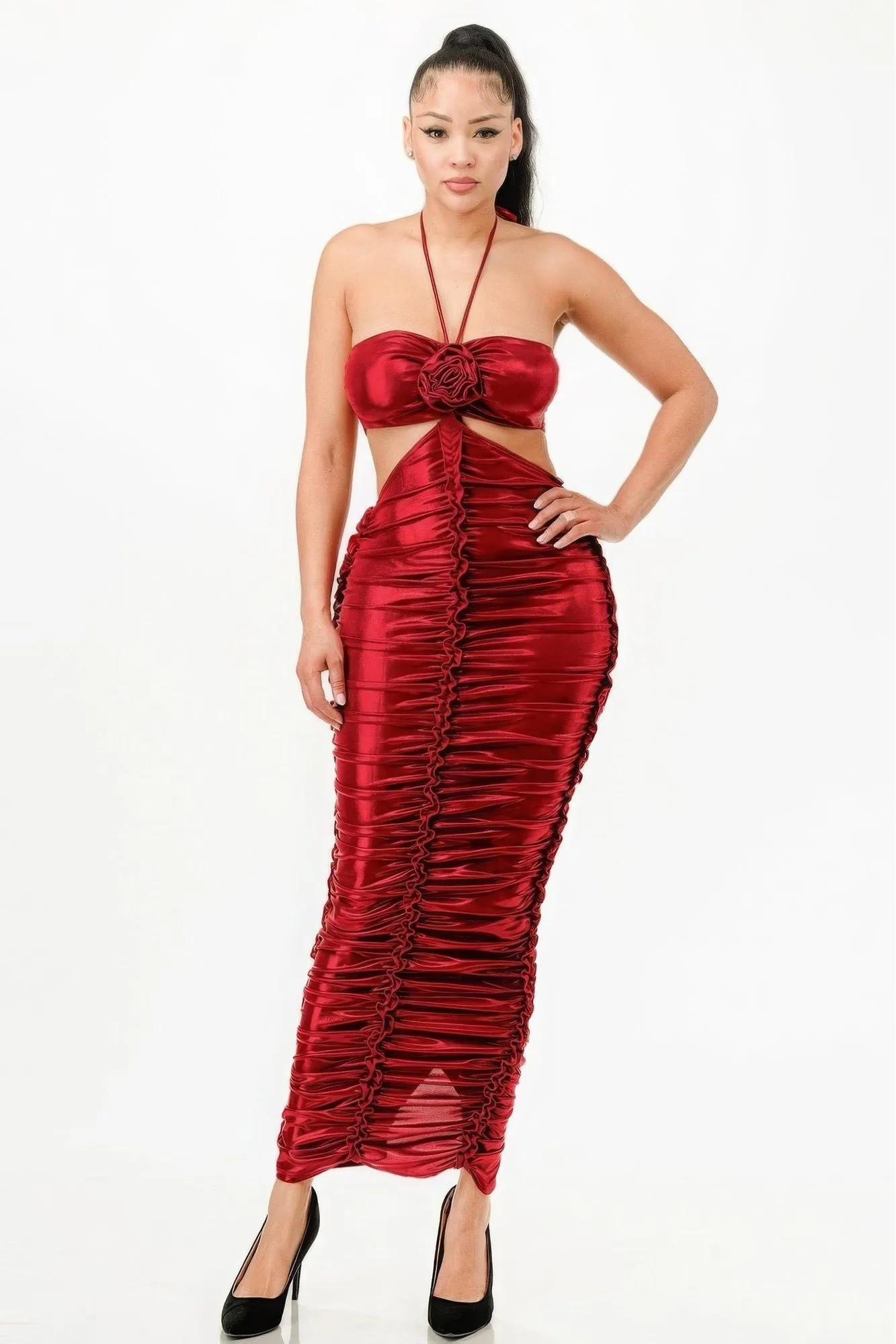 Metallic Ruched Halter Dress