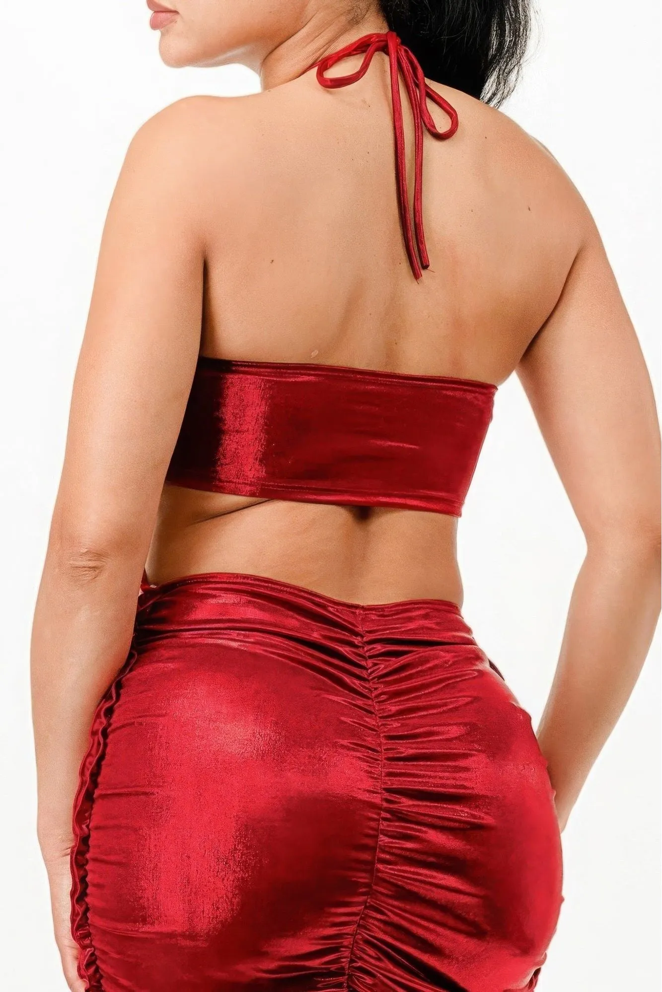 Metallic Ruched Halter Dress