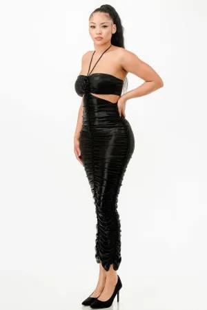 Metallic Ruched Halter Dress