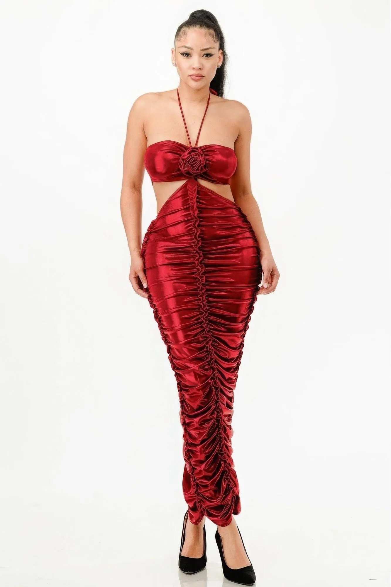 Metallic Ruched Halter Dress