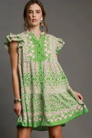 Mixed Print Mini Dress in Green