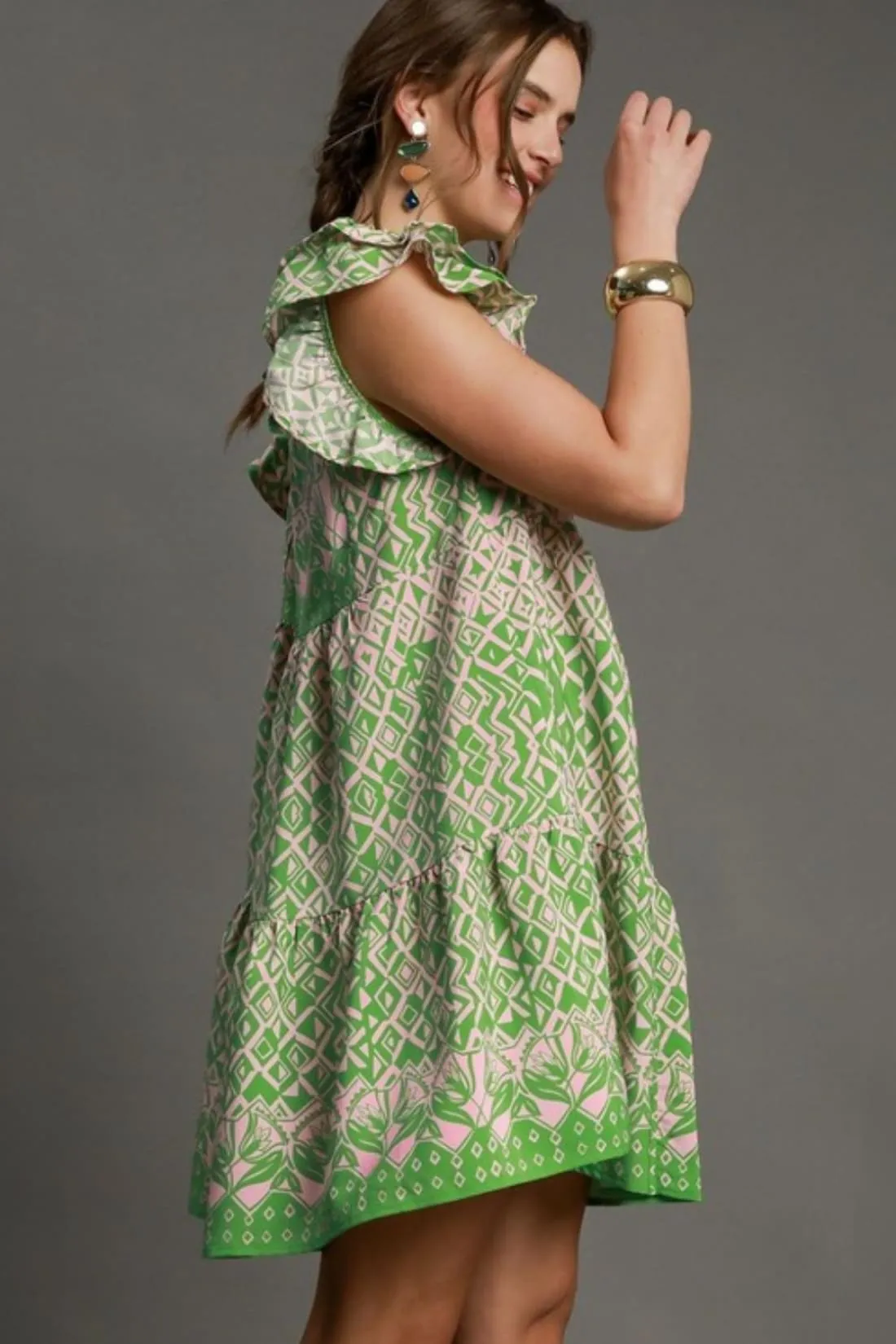 Mixed Print Mini Dress in Green