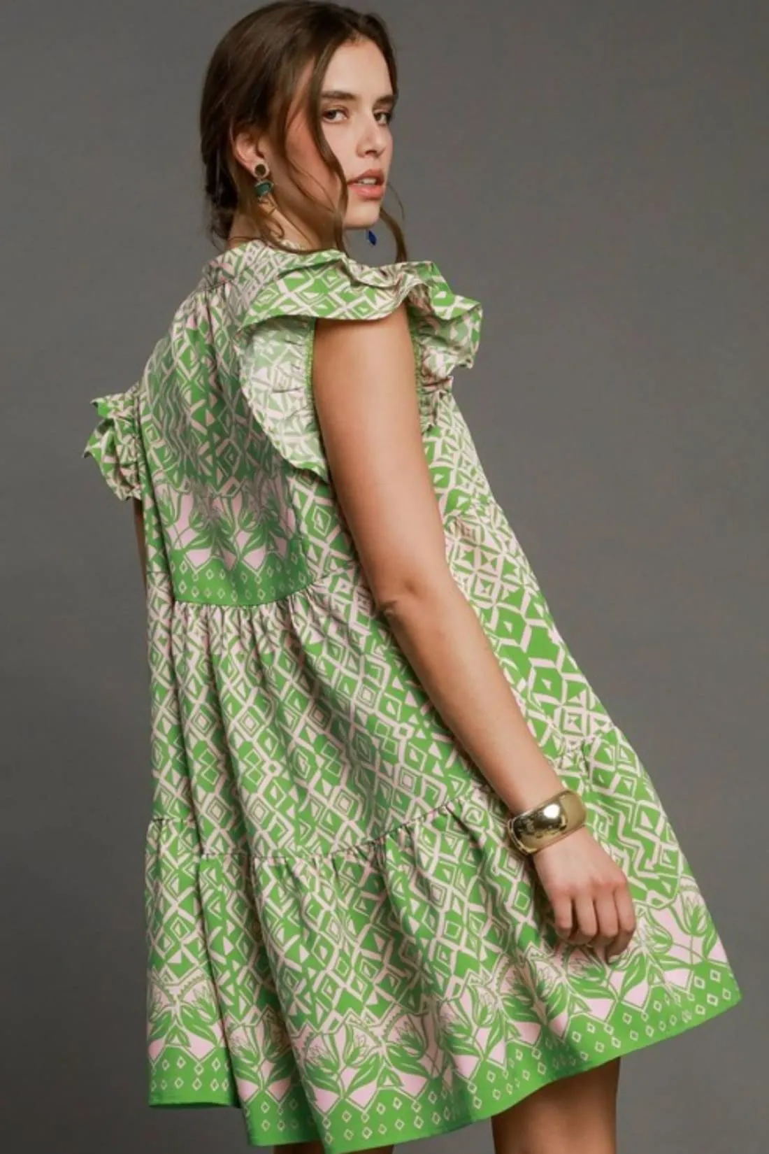 Mixed Print Mini Dress in Green