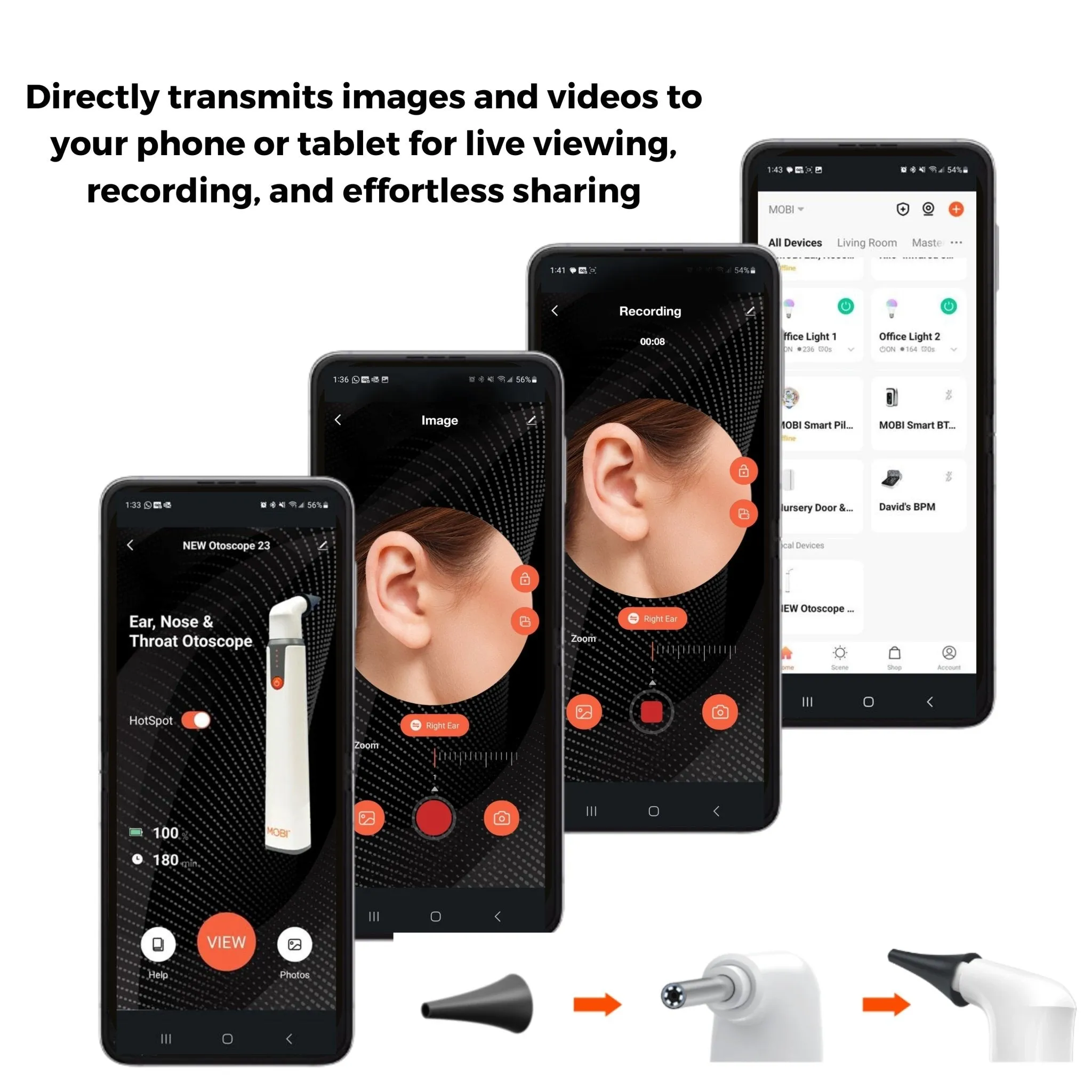 MOBI CONNECT Wi-Fi Otoscope for Ears, Nose & Throat - 1080P HD Lens, Multi-Axis Gyroscope, 6 LED Lights, 90  Min Use, 3 Ear Speculum, Suitable for Adults & Children