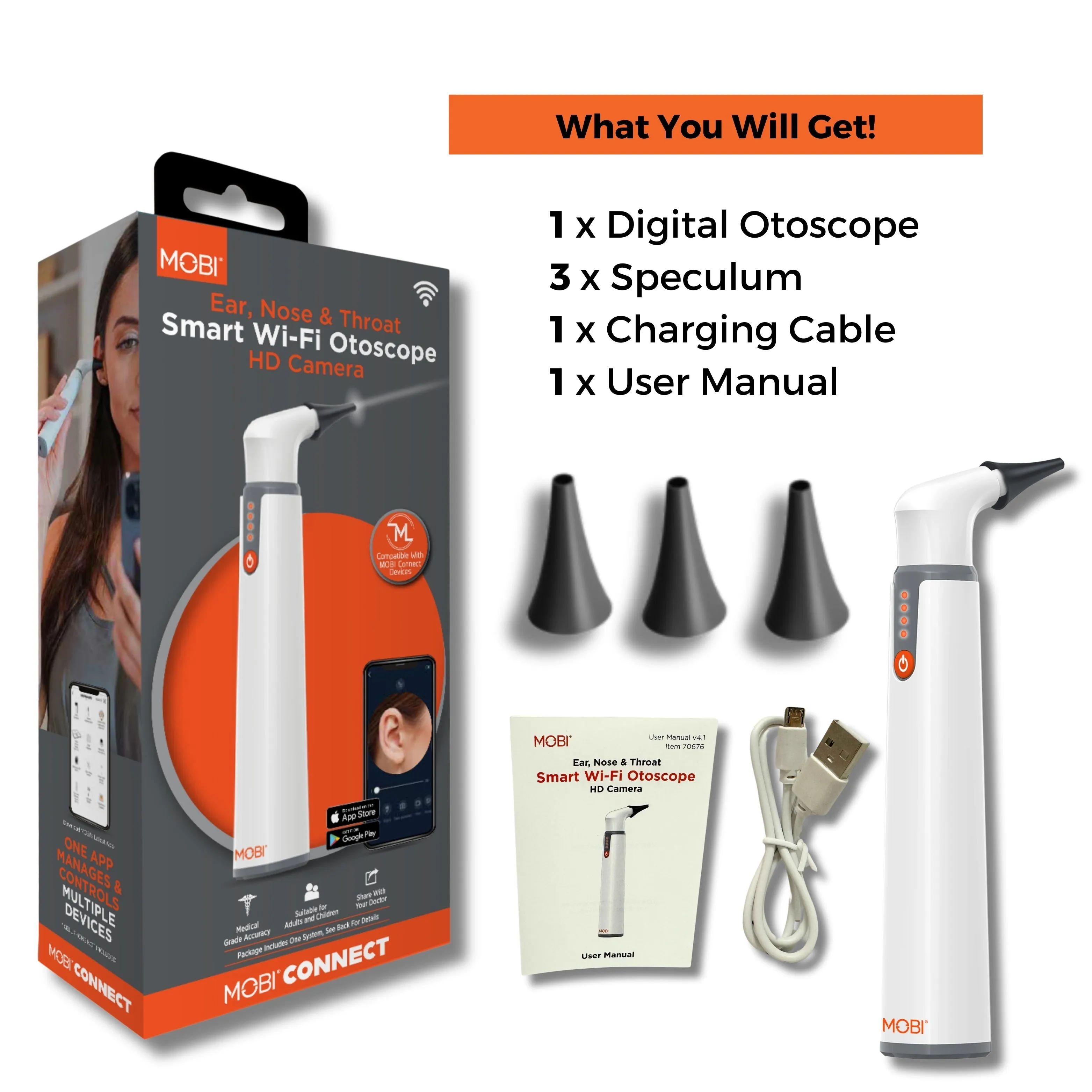 MOBI CONNECT Wi-Fi Otoscope for Ears, Nose & Throat - 1080P HD Lens, Multi-Axis Gyroscope, 6 LED Lights, 90  Min Use, 3 Ear Speculum, Suitable for Adults & Children