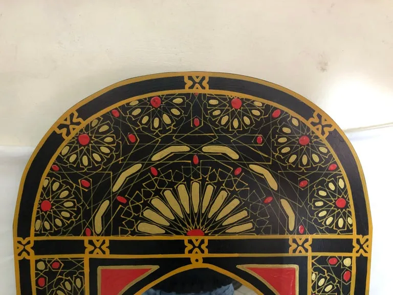 Moroccan Hand Painted Wall or Vanity Mirror in Black with Gold and Mustard