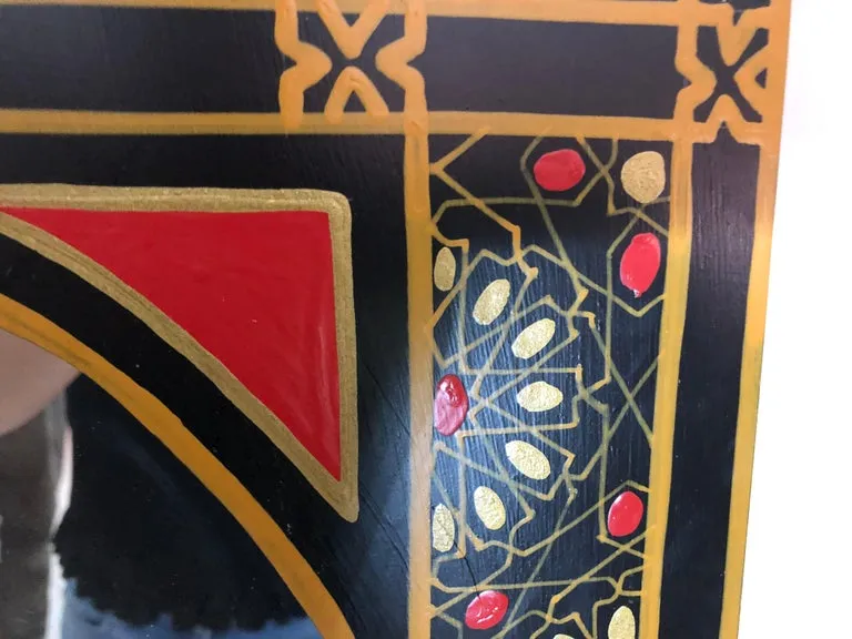 Moroccan Hand Painted Wall or Vanity Mirror in Black with Gold and Mustard