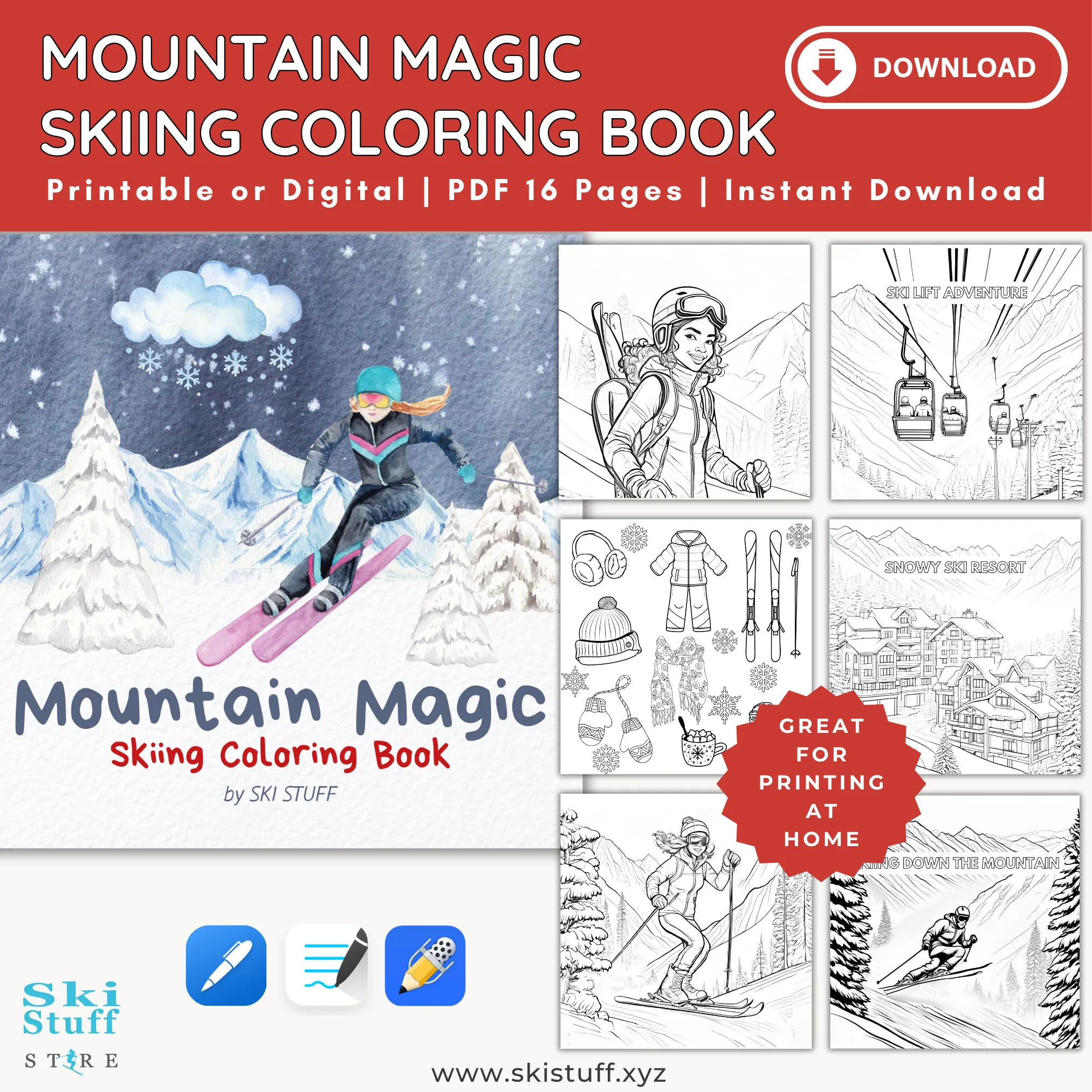 Mountain Magic Skiing Coloring Book, Instant Download