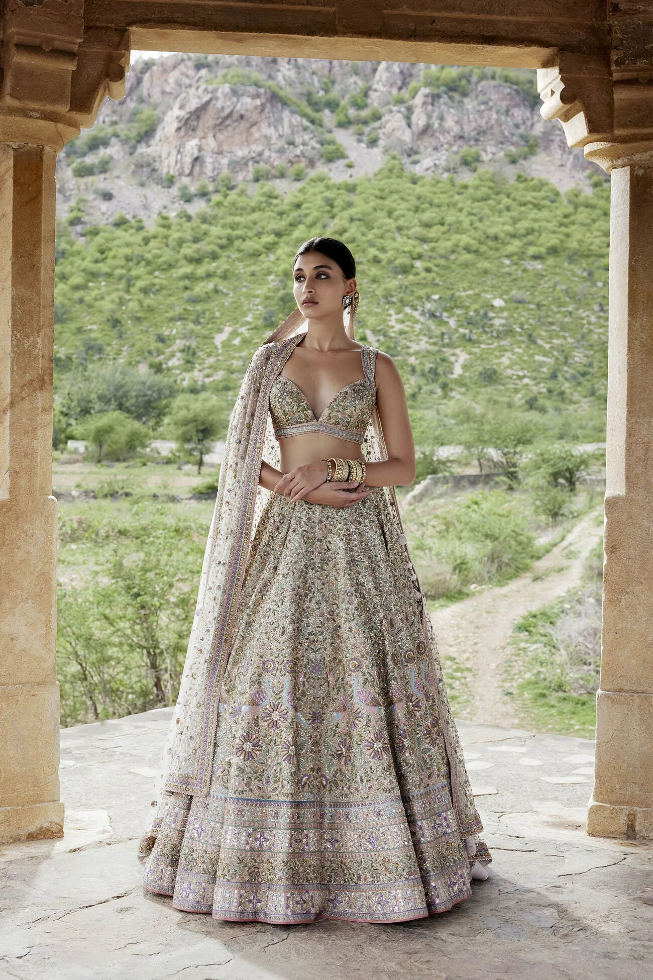 MRIDHINI ZARDOZI & RESHAM SILK LEHENGA - BEIGE