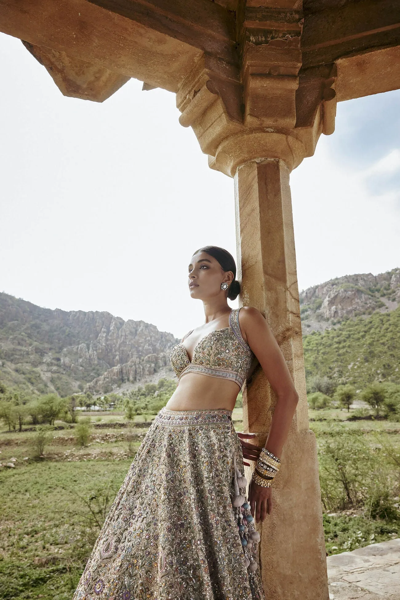 MRIDHINI ZARDOZI & RESHAM SILK LEHENGA - BEIGE