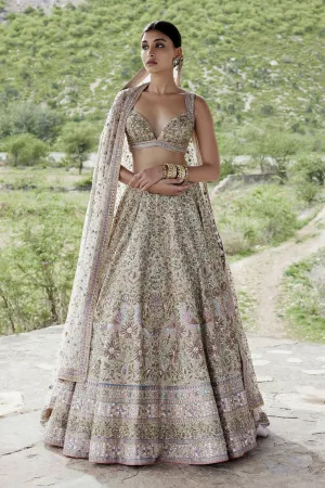 MRIDHINI ZARDOZI & RESHAM SILK LEHENGA - BEIGE