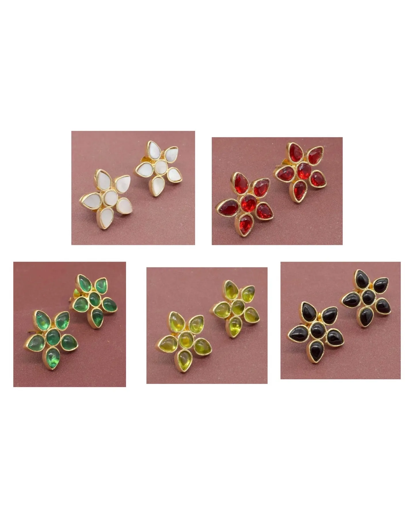 Multi-Gemstone Flower Gold Stud Earrings 1”