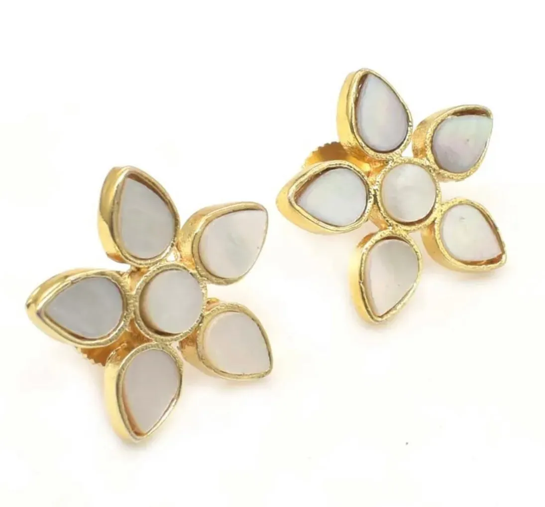 Multi-Gemstone Flower Gold Stud Earrings 1”