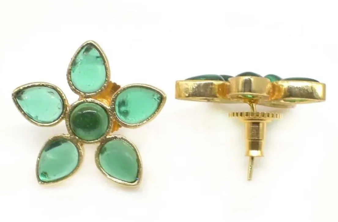 Multi-Gemstone Flower Gold Stud Earrings 1”