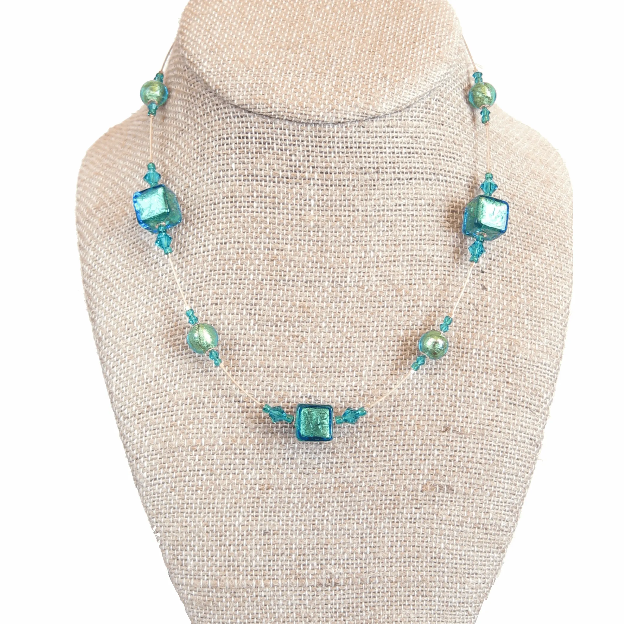 Murano Glass Aqua Cube Gold Necklace, Illusion Necklace
