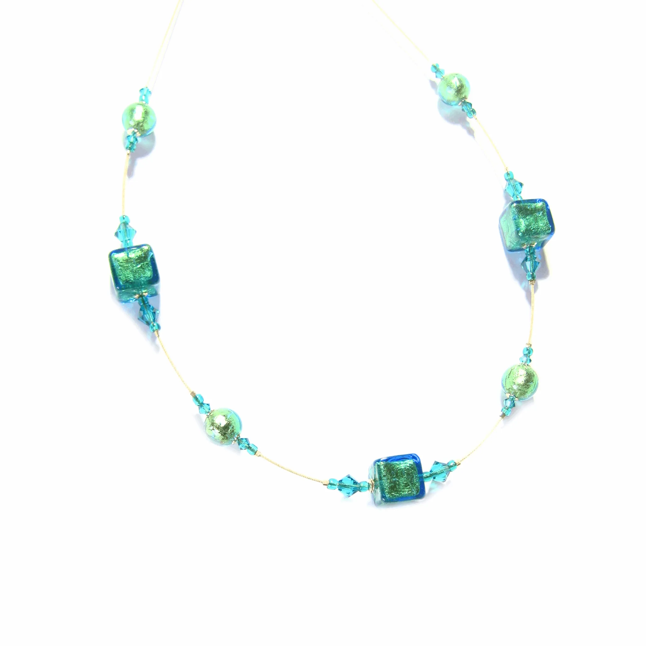 Murano Glass Aqua Cube Gold Necklace, Illusion Necklace