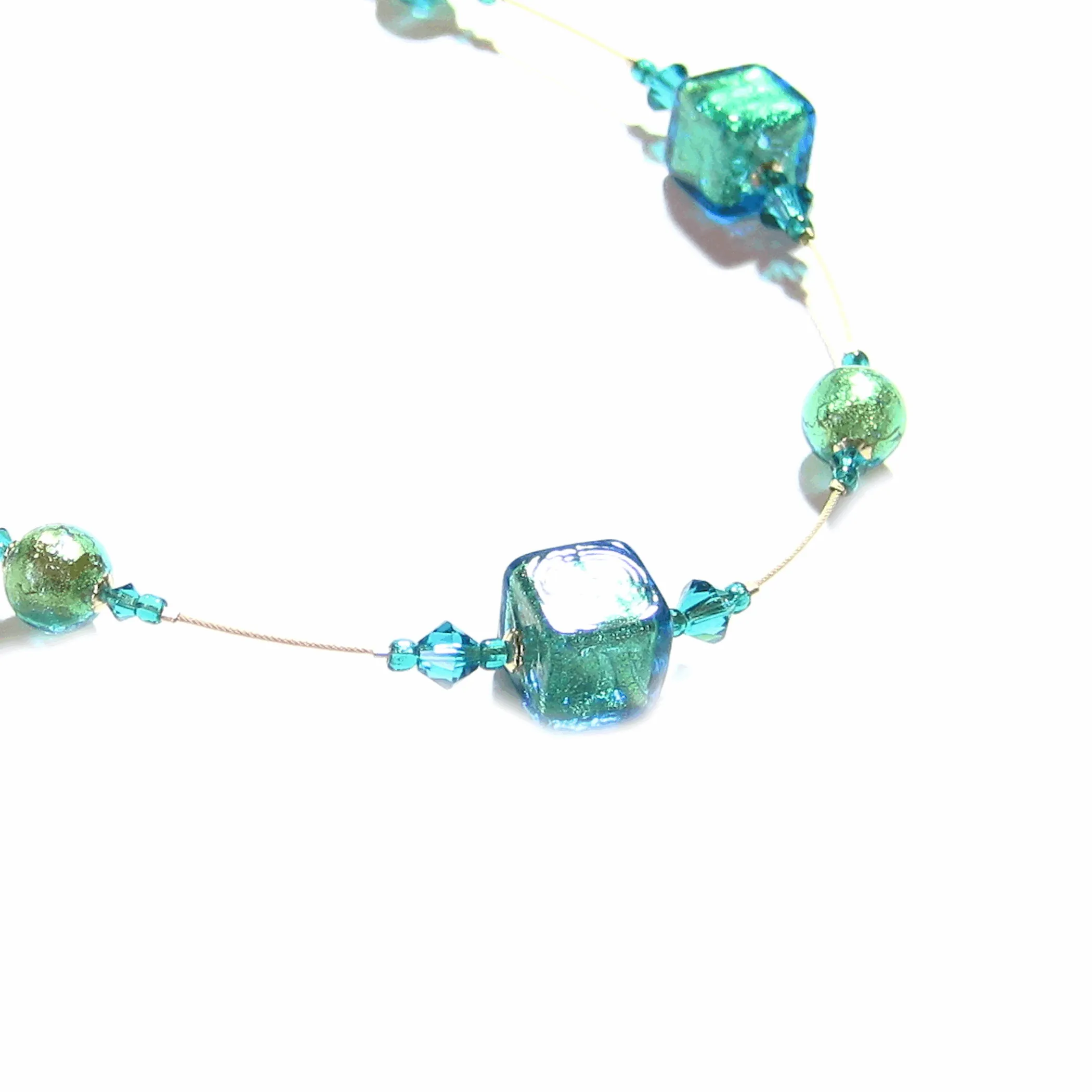Murano Glass Aqua Cube Gold Necklace, Illusion Necklace