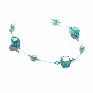 Murano Glass Aqua Cube Gold Necklace, Illusion Necklace