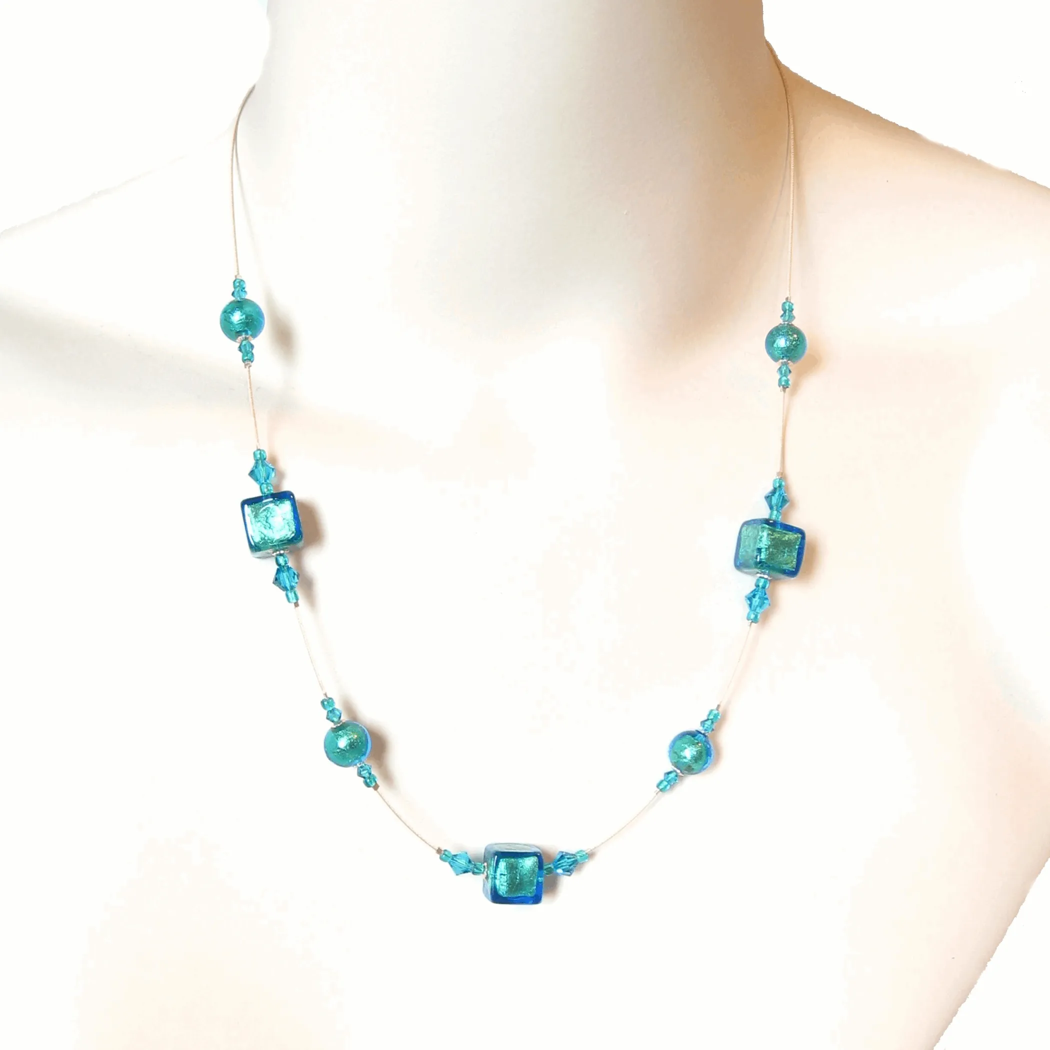 Murano Glass Aqua Cube Gold Necklace, Illusion Necklace