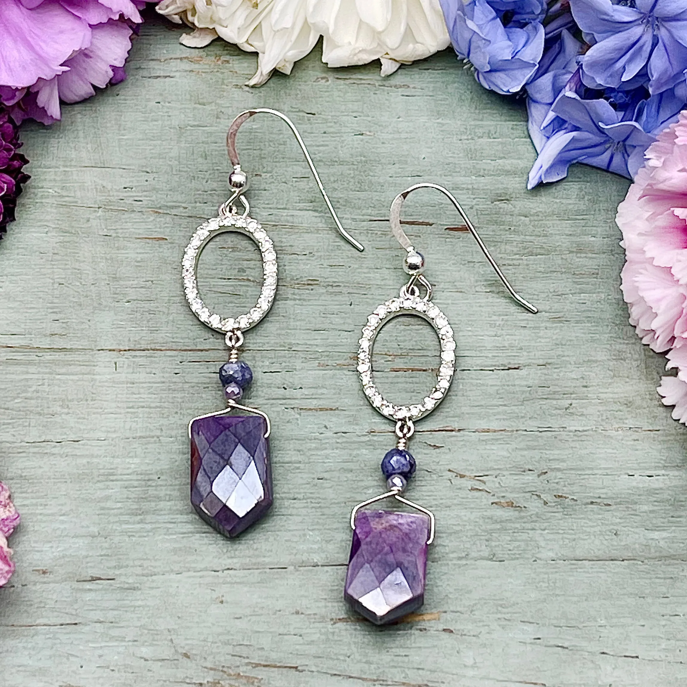 Mystic Moonstone and Rhinestone Sterling Silver Earrings