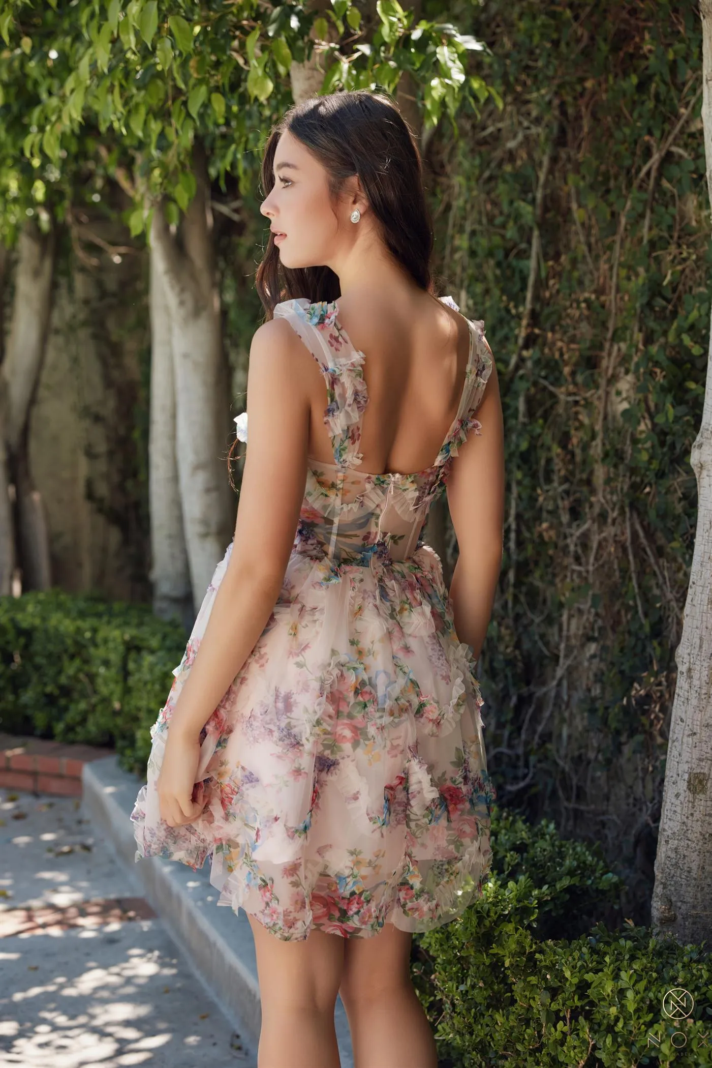 N S849 - Short Floral Printed A-Line Homecoming Dress with Sheer Boned V-Neck Bodice & Layered Tiered Skirt