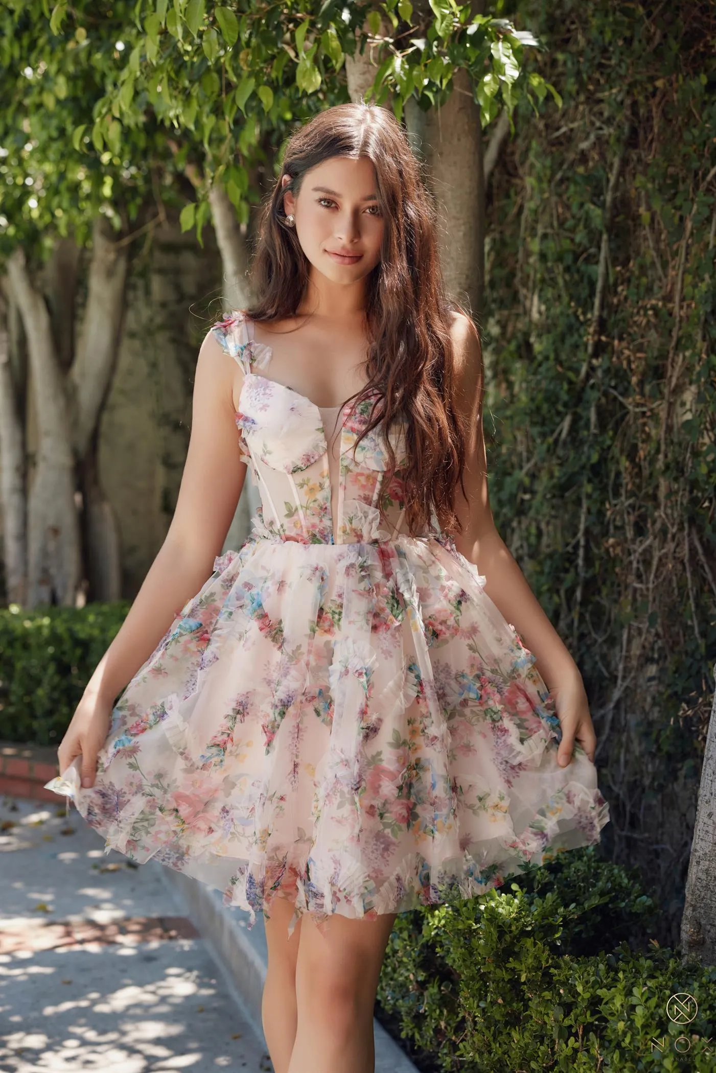 N S849 - Short Floral Printed A-Line Homecoming Dress with Sheer Boned V-Neck Bodice & Layered Tiered Skirt