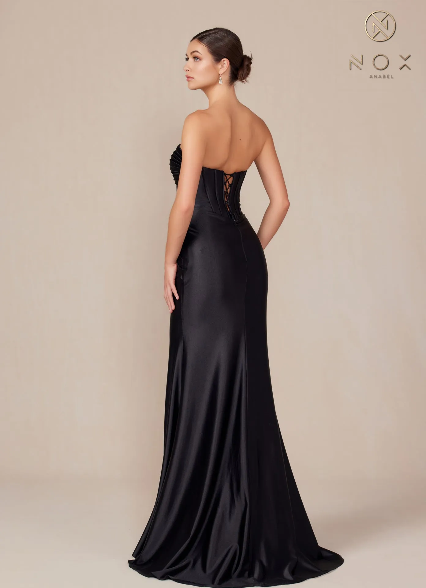 N T1500 - Strapless Stretch Satin Fit & Flare Prom Gown with Boned Bodice & Lace-Up Back