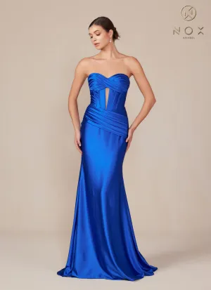 N T1500 - Strapless Stretch Satin Fit & Flare Prom Gown with Boned Bodice & Lace-Up Back