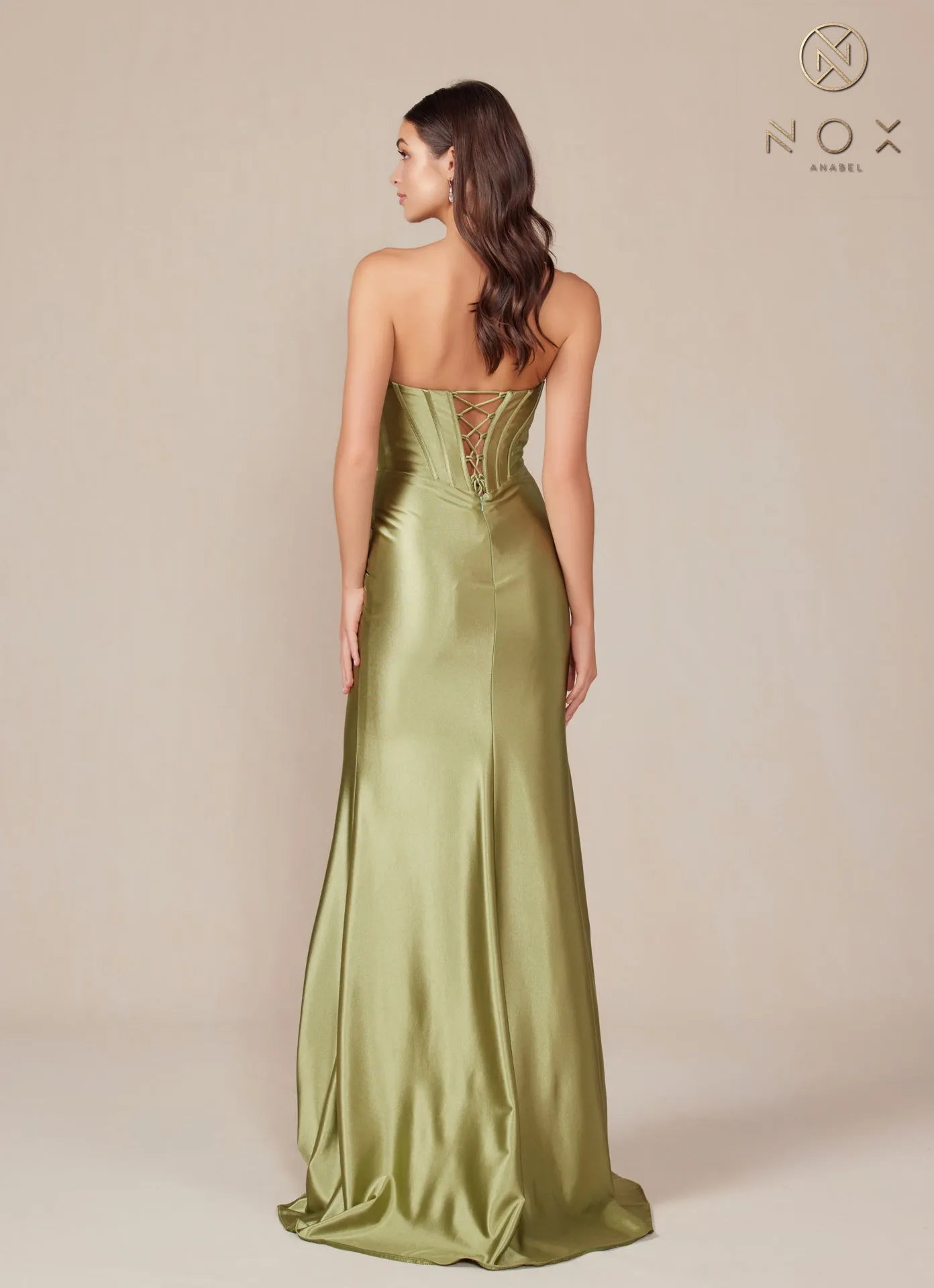 N T1500 - Strapless Stretch Satin Fit & Flare Prom Gown with Boned Bodice & Lace-Up Back